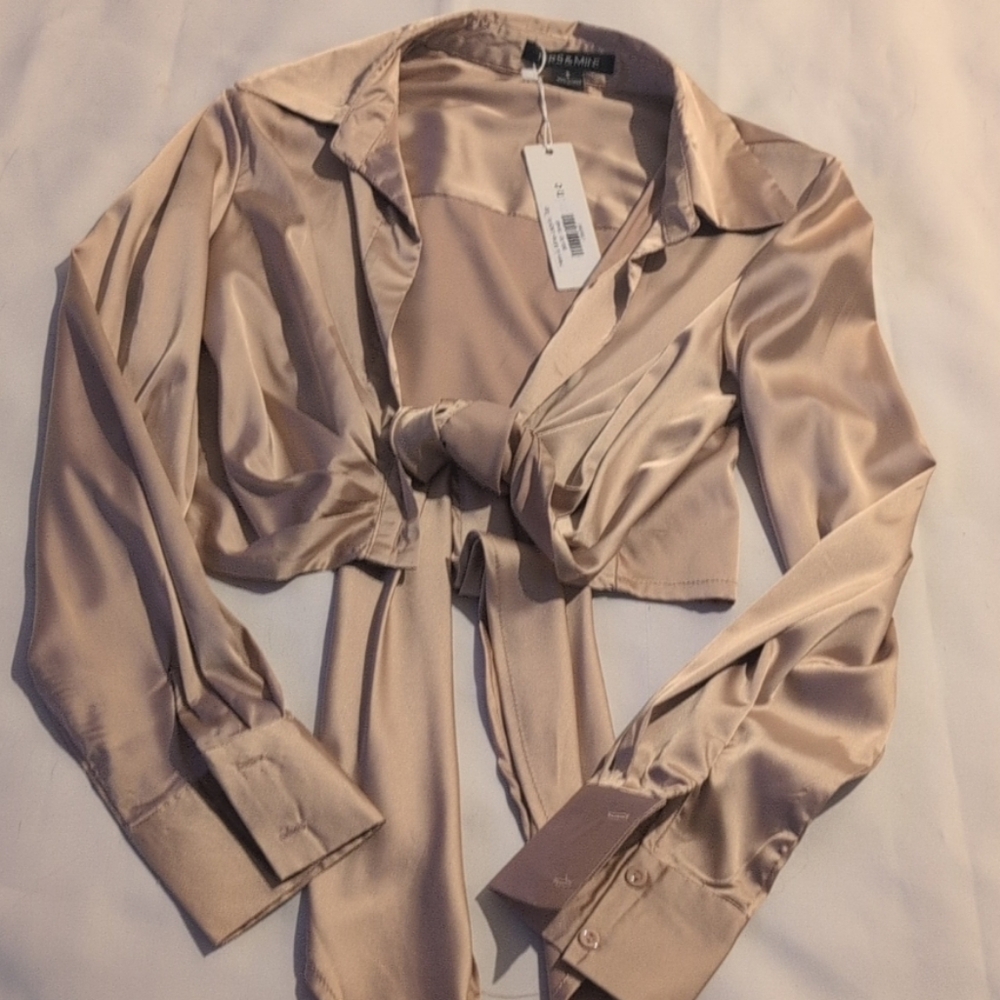 Satin Tie-Front Shirt in Tan